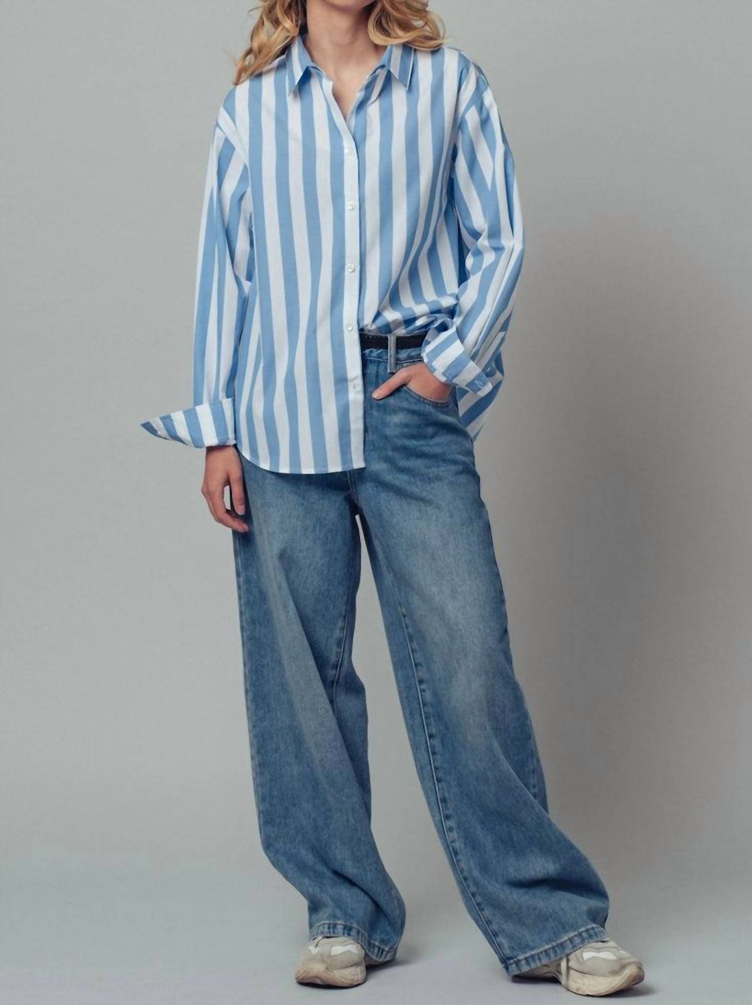 Urban Daizy Oversized Stripe Button Down Collared Shirt in blue - women's long sleeve top