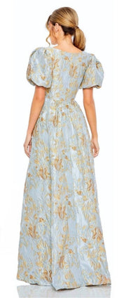 MAC DUGGAL Floral Jacquard High Low Evening Gown in blue and gold - women's dress - detail view