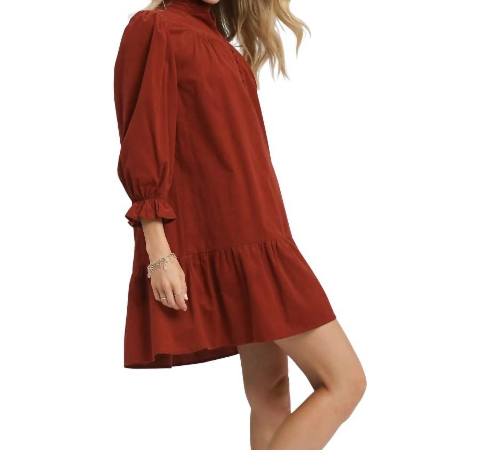 Bns - Corduroy Ruffle Puff Sleeve Tiered Dress