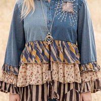 Young Threads - Vintage Boho Denim Yoke Patchwork Tiered Tunic Top