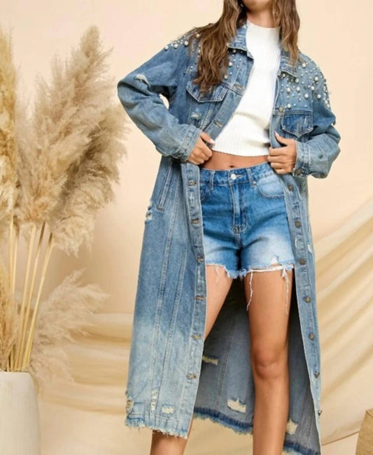 Veveret - Pearl & Crystal Long Denim Jacket