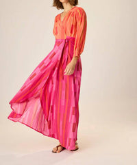 natalie martin Kate Long Sleeve Maxi Dress in sea glass pink coral combo - women's dress - detail view