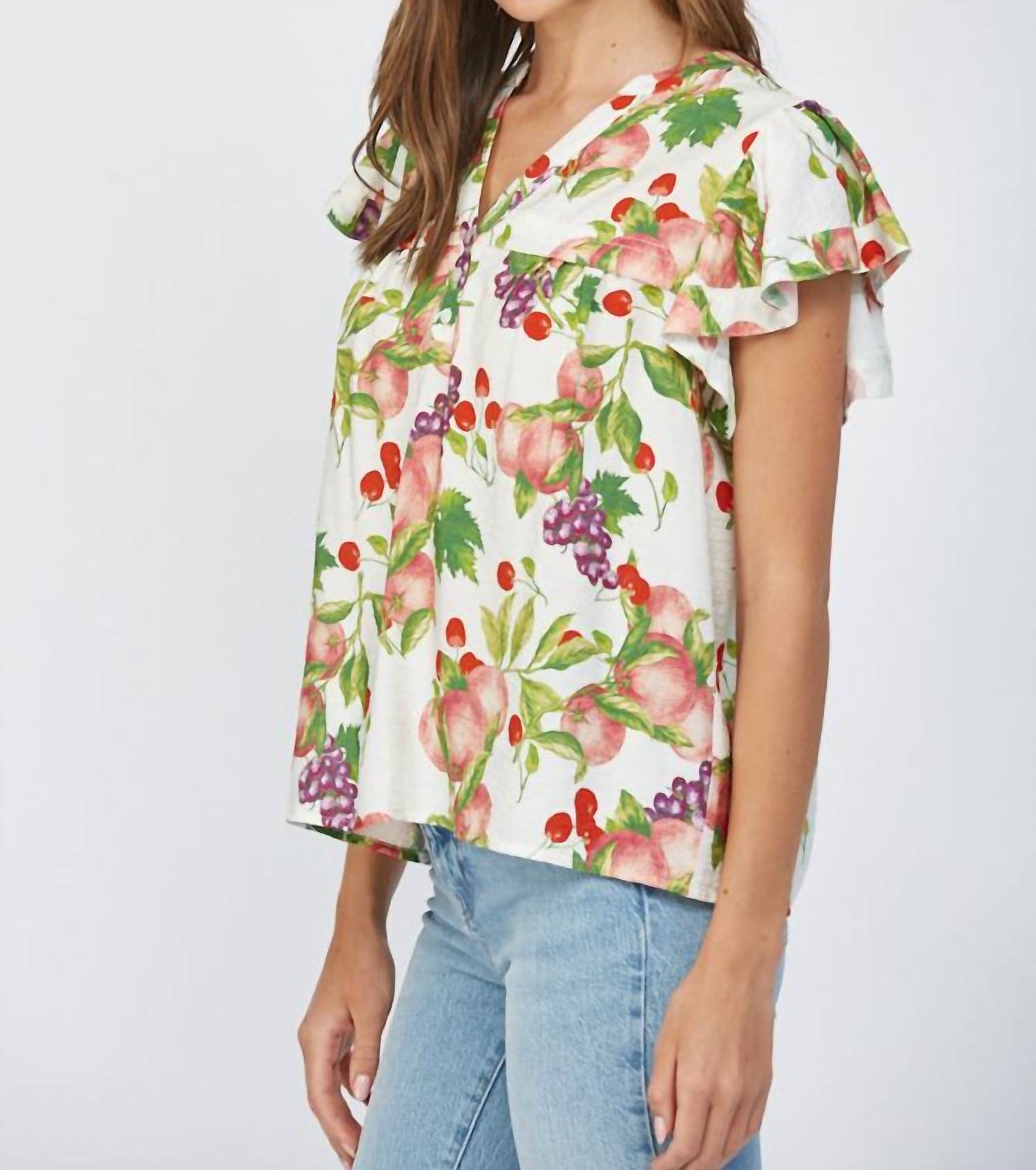 Fate Fruit Print Flutter Sleeve Split Neck Top in cream multi - women's blouse - view 7