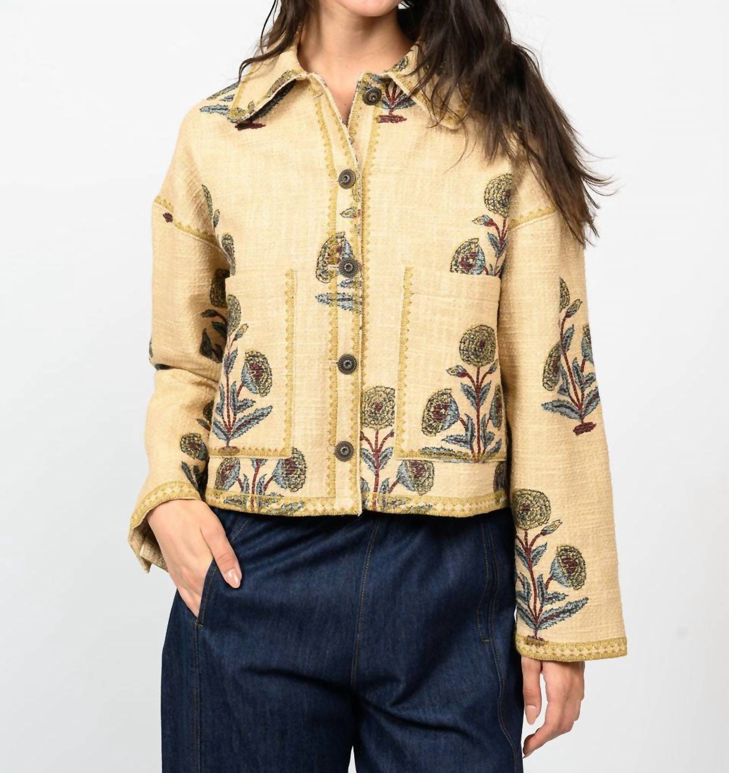 Ivy Jane Lurex Block Print Jacket in camel - women's blouse