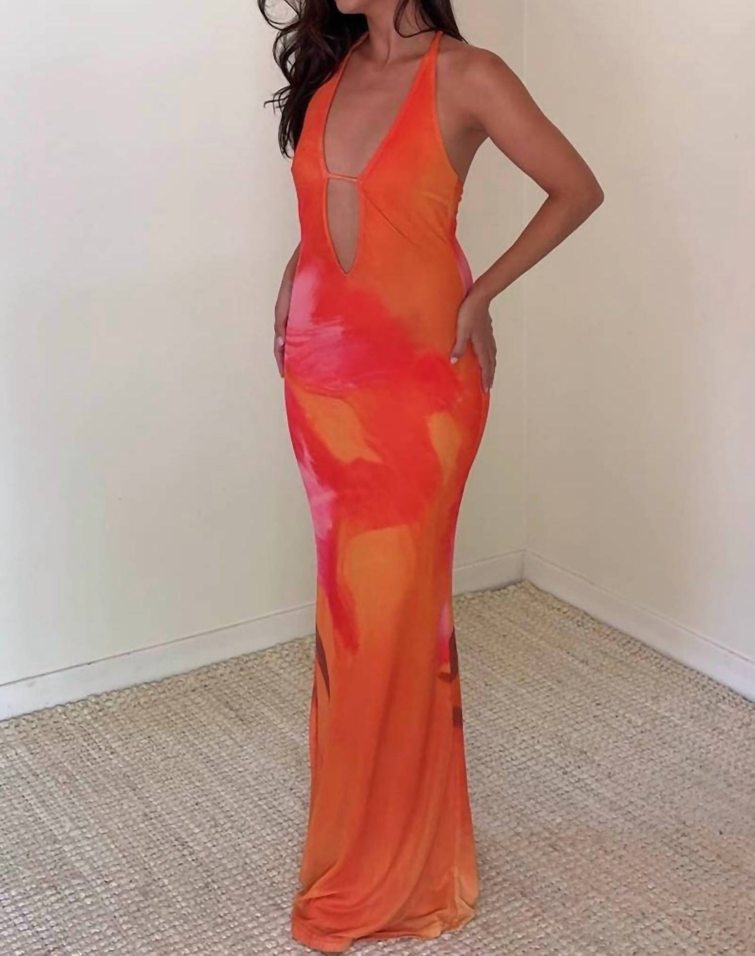 SALTY Temptation Halter Mesh Maxi Dress in orange - women's dress