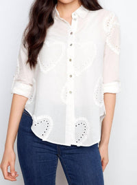 CHARLIE B Heart Textured Roll Up Button Down Blouse in white - women's blouse