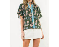 THML Floral Print Striped Collar Top in green - women's t-shirt