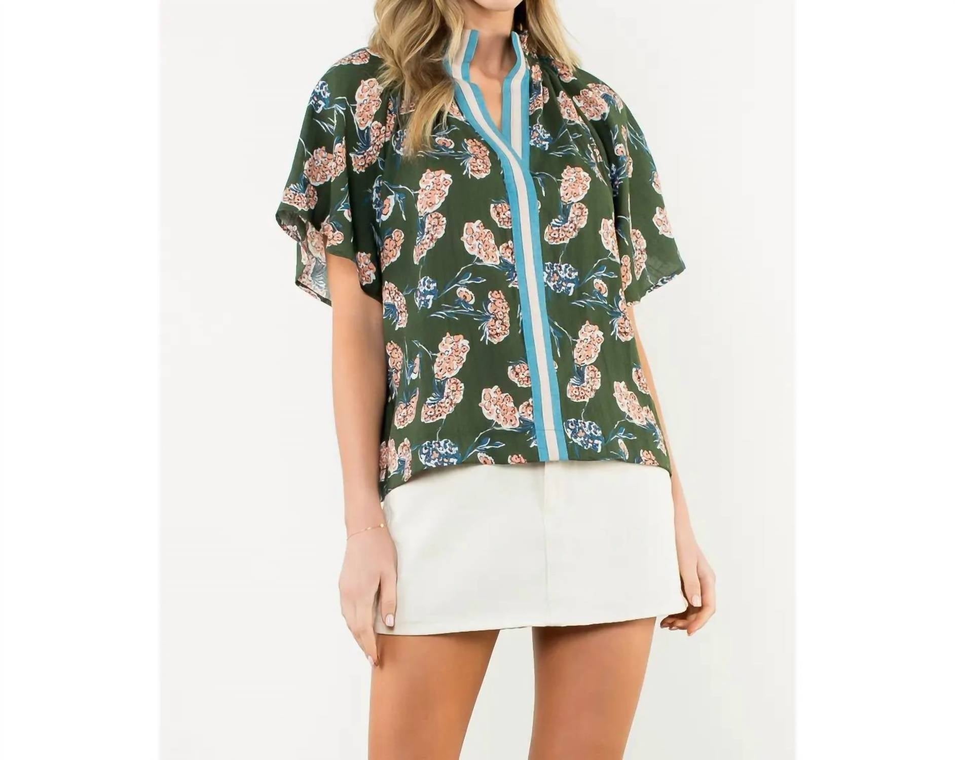 THML Floral Print Striped Collar Top in green - women's t-shirt