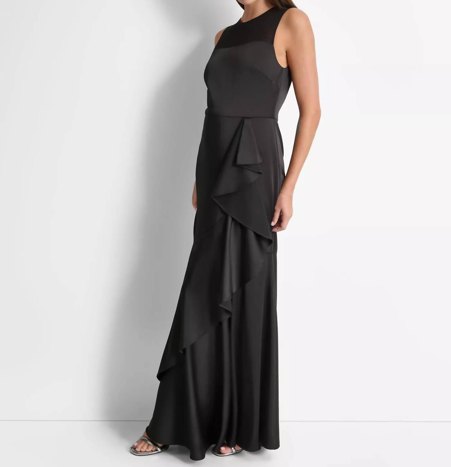 DKNY Women's Mesh-yoke Cascading-ruffle Evening Gown in black - women's dress - alternate view