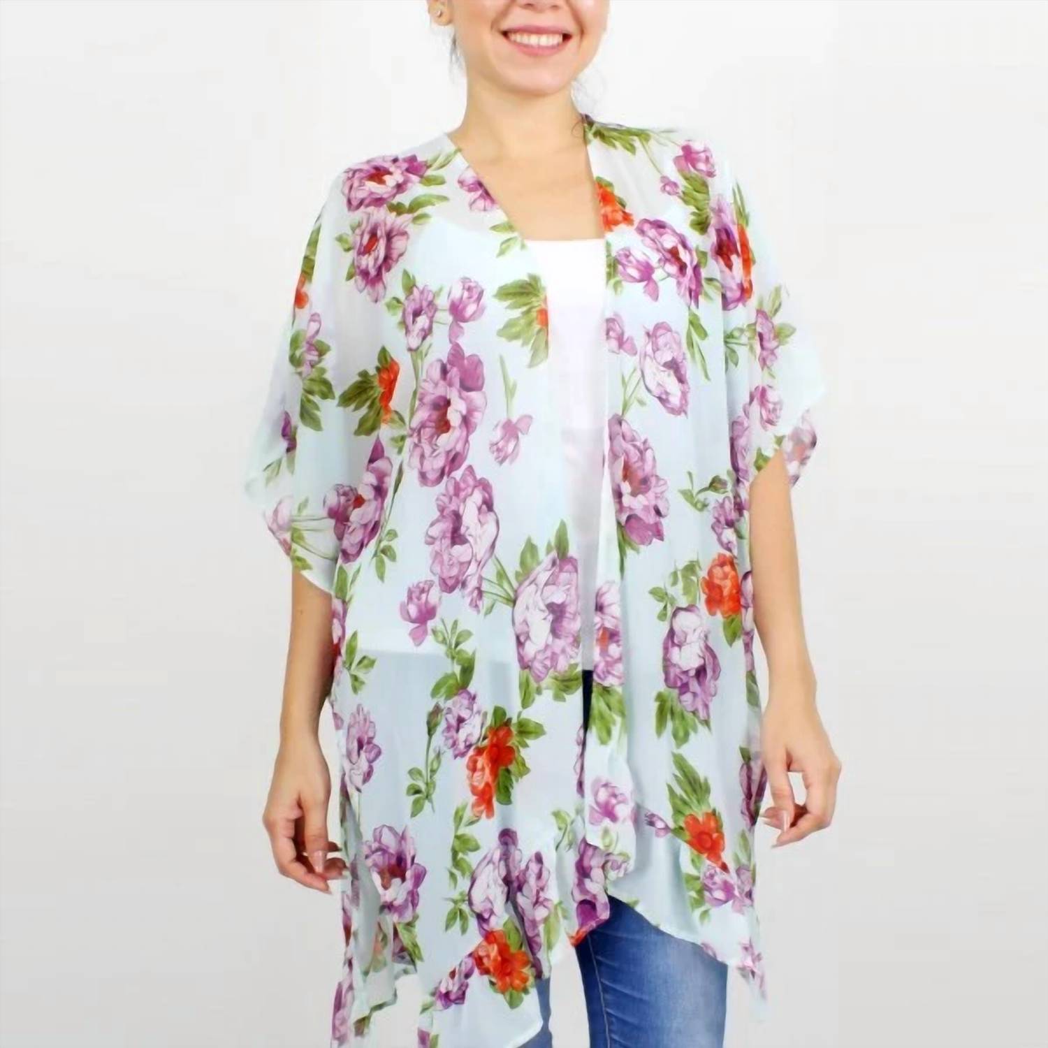 Judson & Company - Floral Print Kimono With Ruffled Sleeves