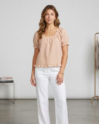 Things Between - Button Front Checkered Puff Sleeve Blouse