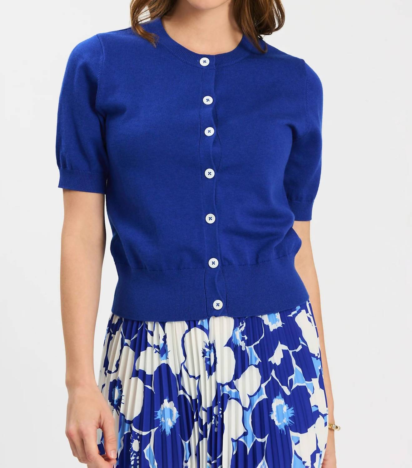 Tyler Boe Kit Cotton Blend Short Sleeve Cardigan in bluing - women's cardigan