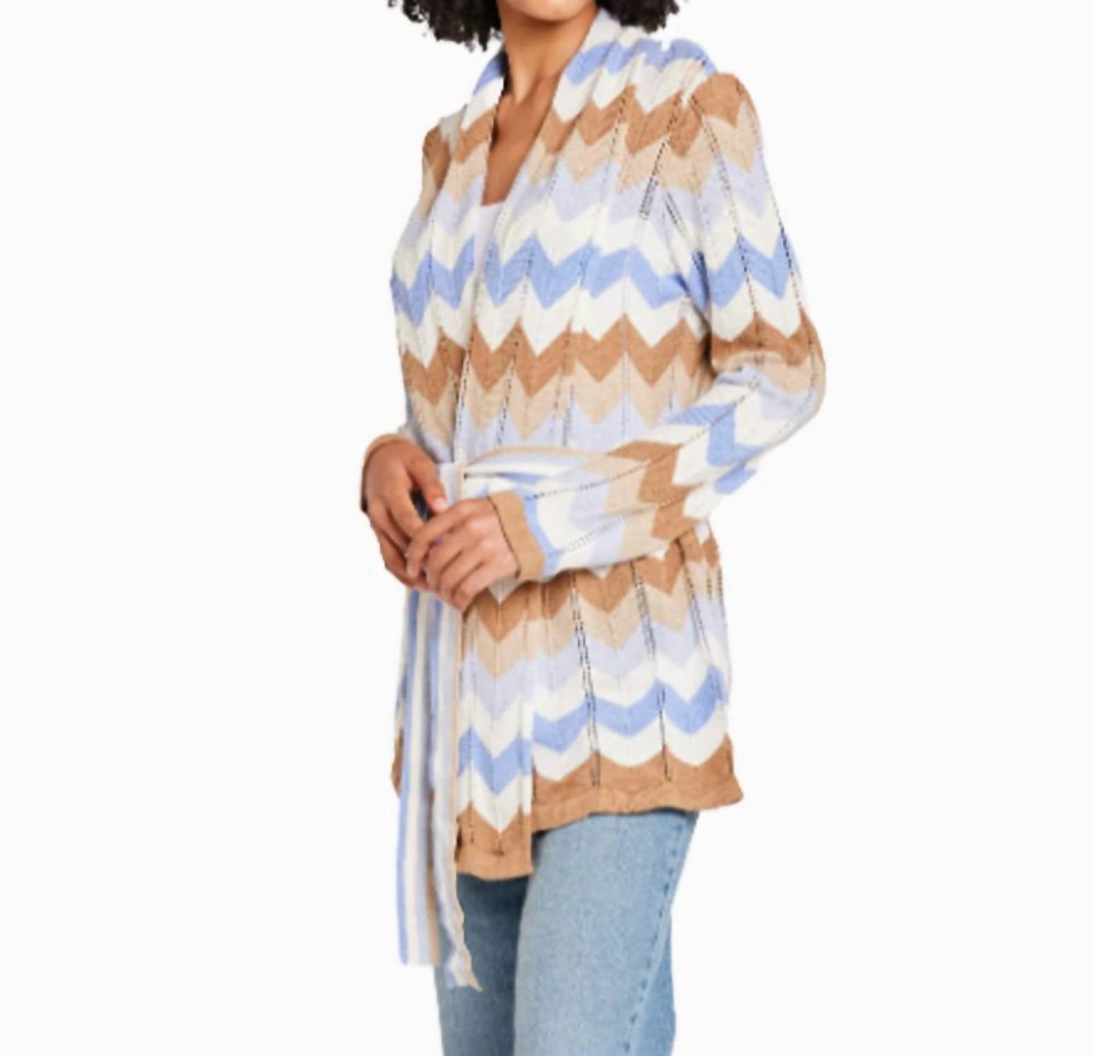 Wispr Chevron Wrap Cardigan in blue - women's cardigan - alternate view