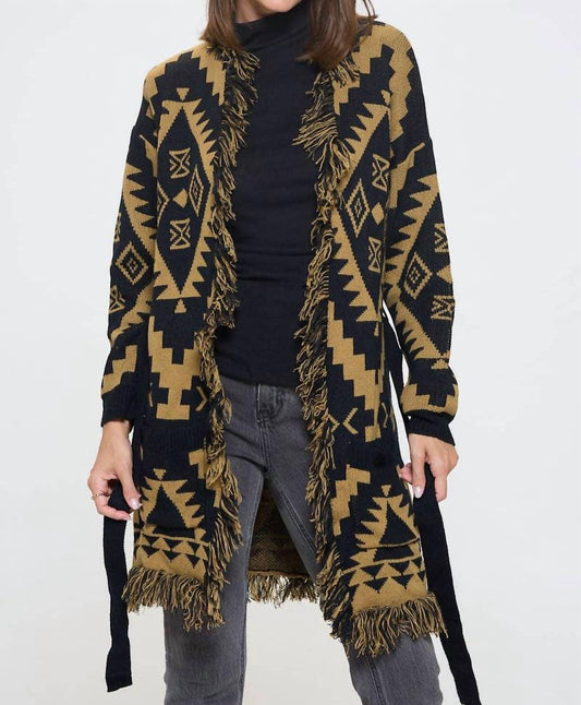 Reneec. - Tribal Print Cardigan with Fringe Detail and Tie