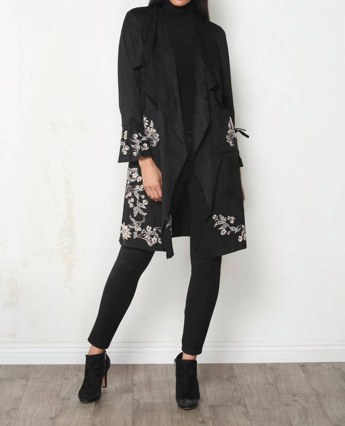 Paparazzi - Faux Suede Embroidered Drape Front Bell Sleeve Jacket
