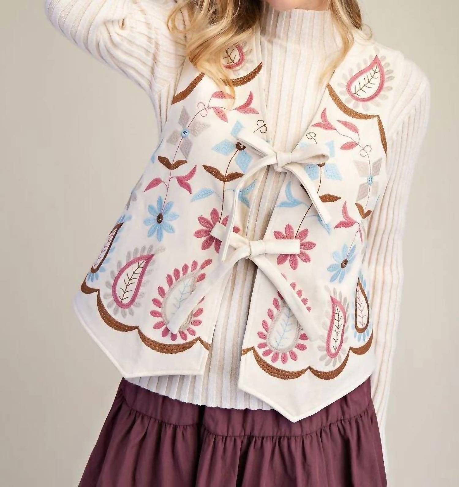 Easel Embroidery Detailing Suede Vest in ecru - women's jacket