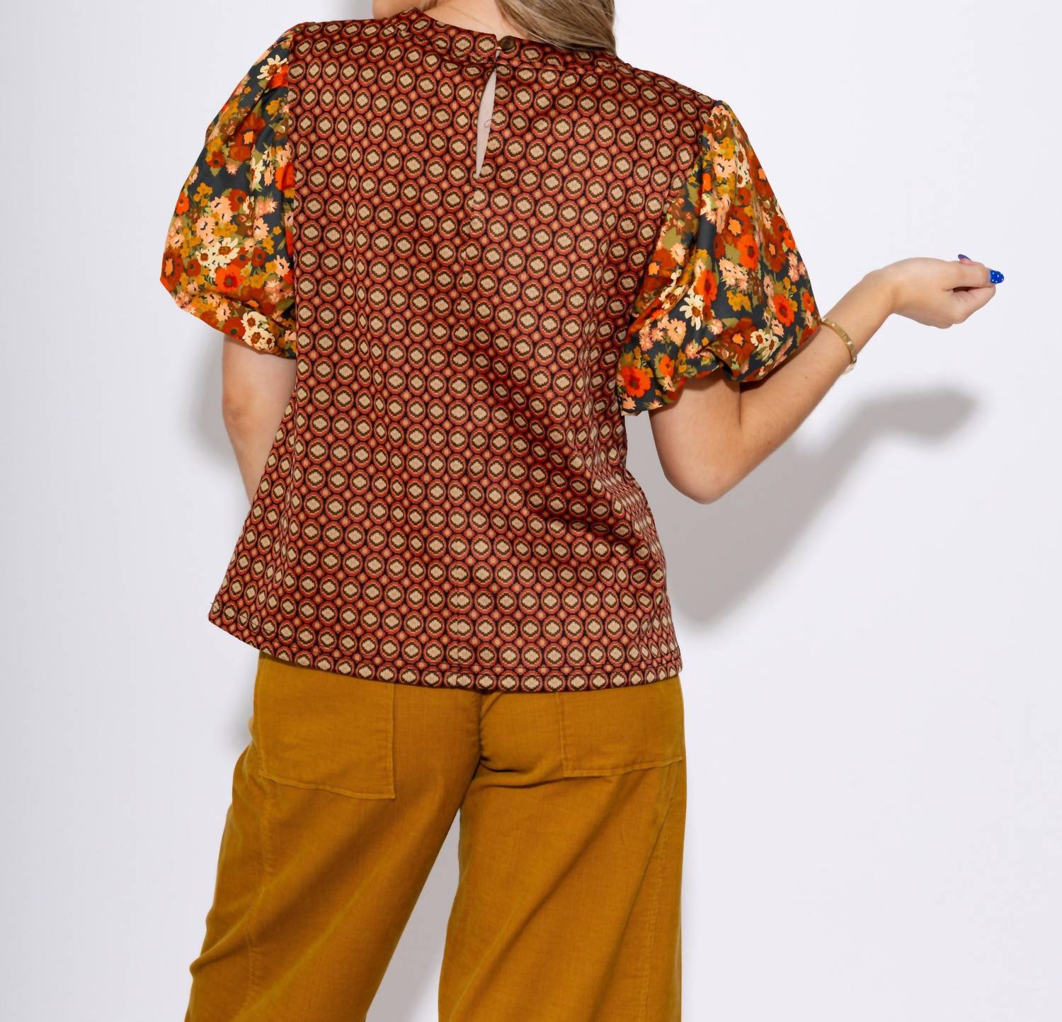 Ivy Jane Floral Flair Puff Sleeve Top in brown - women's blouse - alternate view