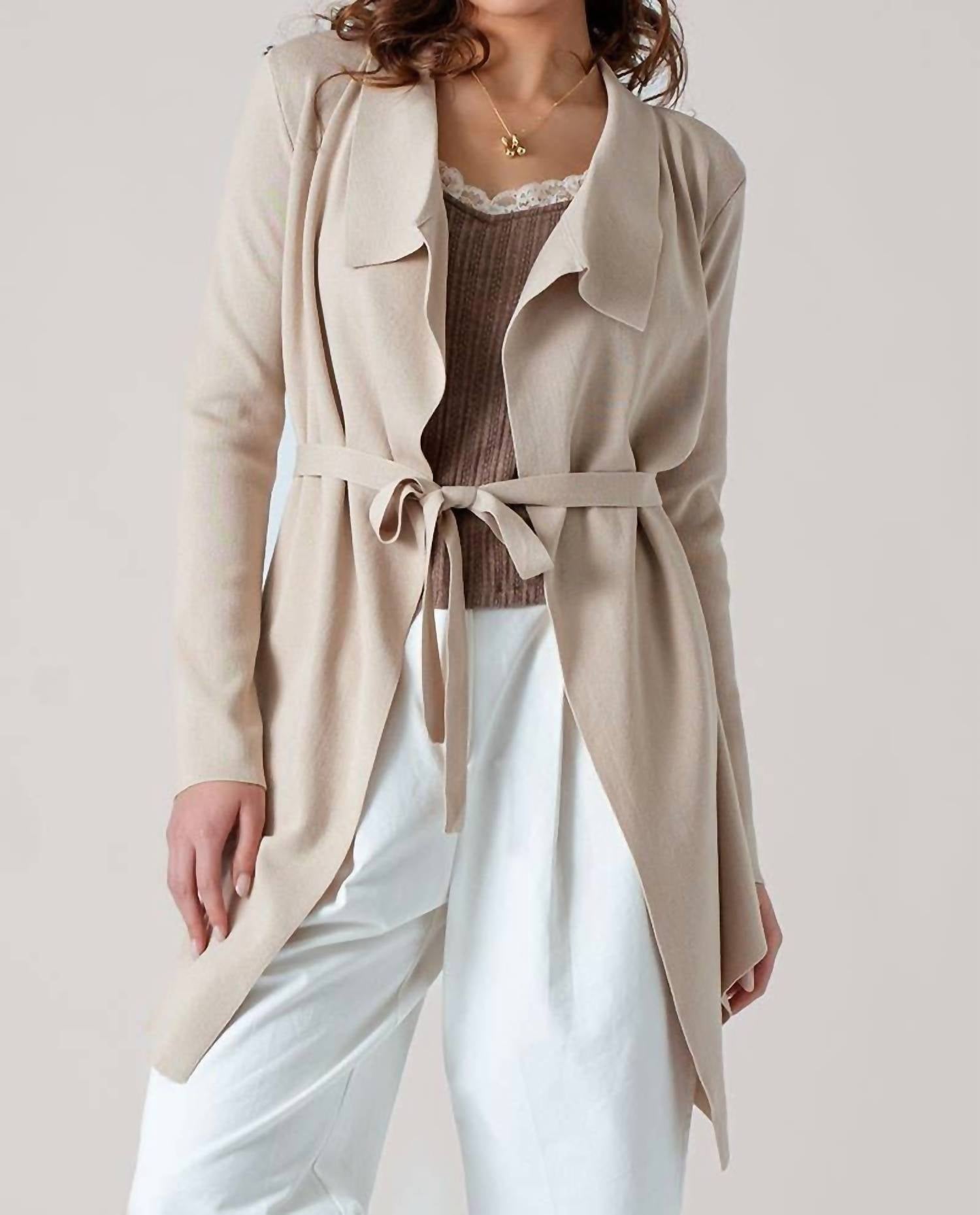 Urban Daizy Draped Front Long Sleeve Waist Tie Cardigan in taupe - women's cardigan