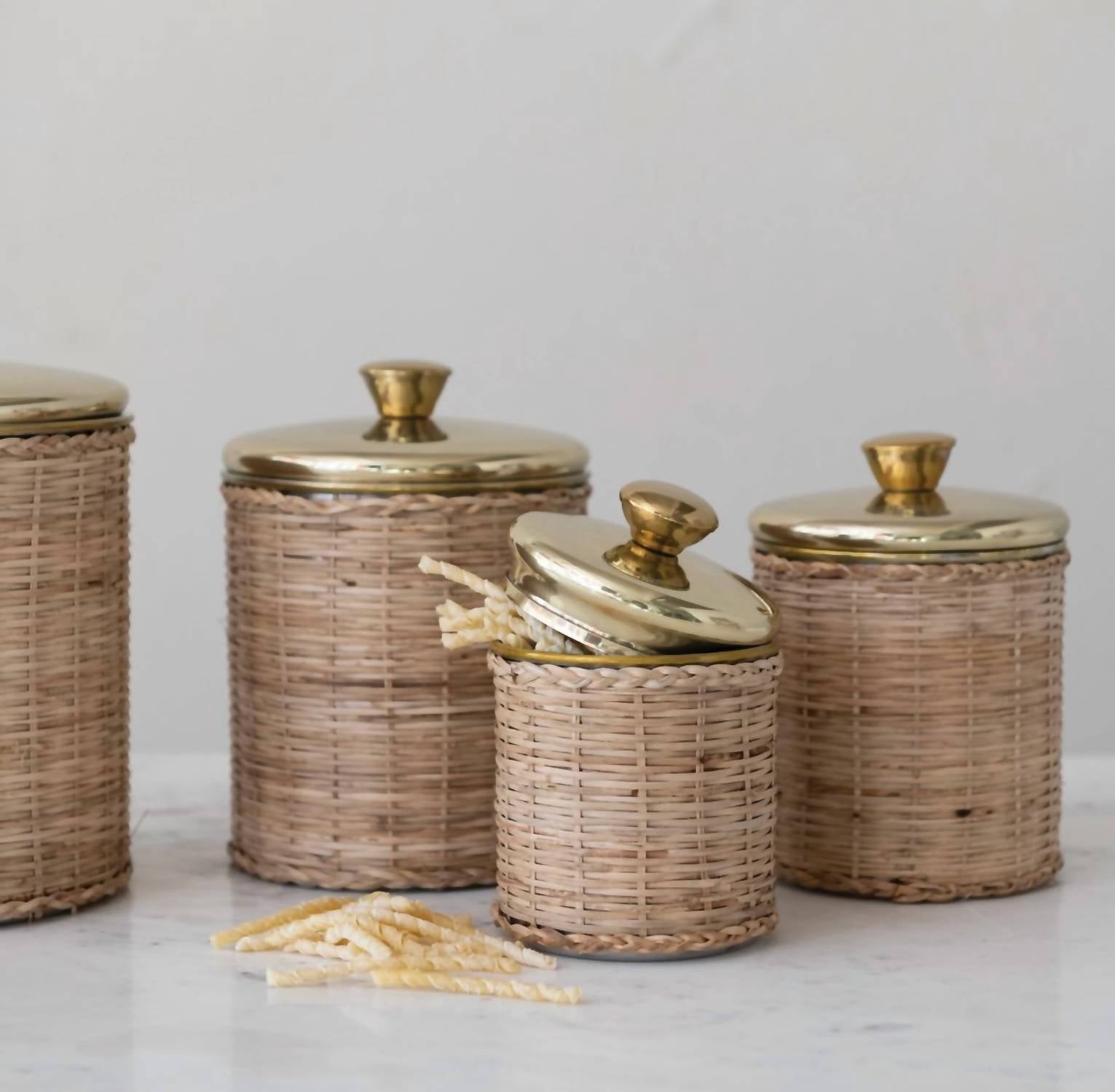Creative Co-Op - Rattan Wrapped Stainless Steel Canisters - Set Of 4