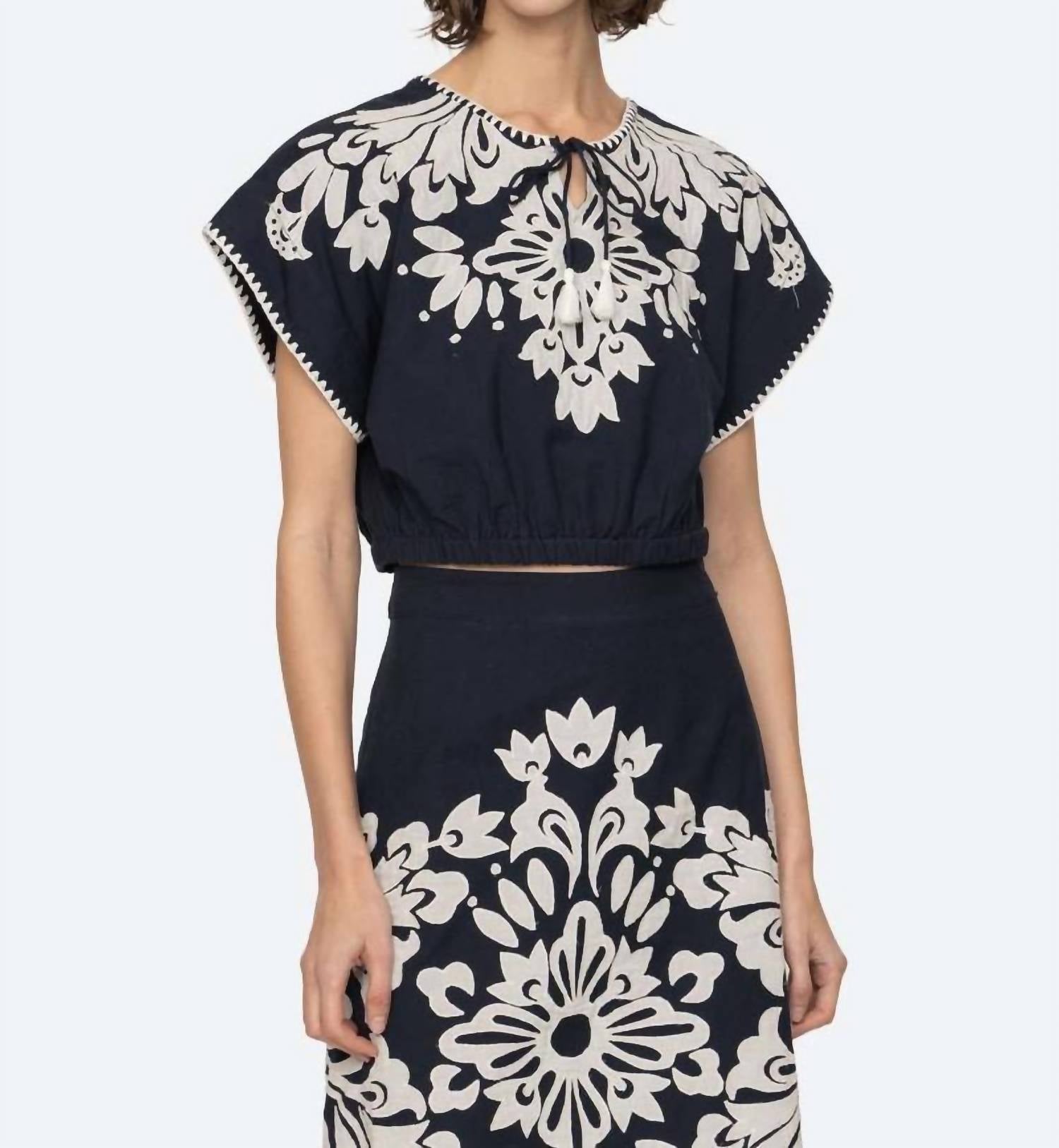 SEA Liliana Appliqué Top in navy - women's blouse