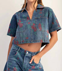 Ee:Some - Rose Print Denim Top