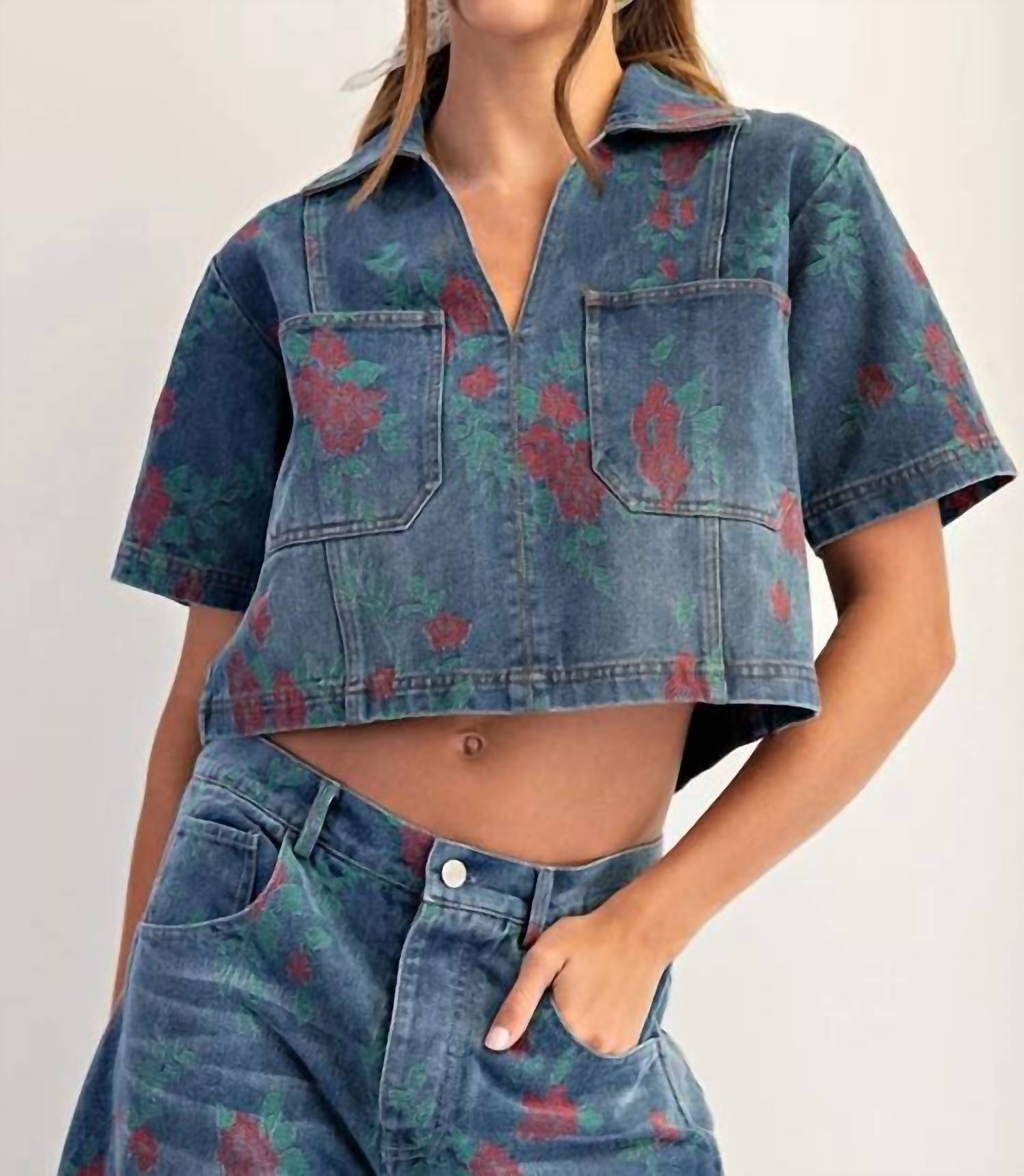 Ee:Some - Rose Print Denim Top