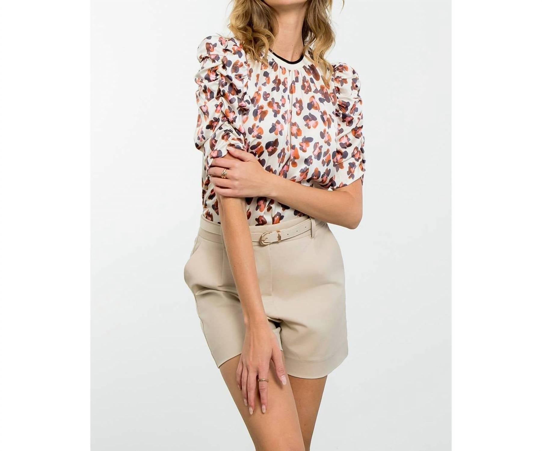 THML Ruched Sleeve Print Top in cream - women's shirt - detail view