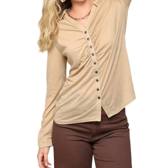 Gigio - Solid Knit and Ruched Detail Button Down Top