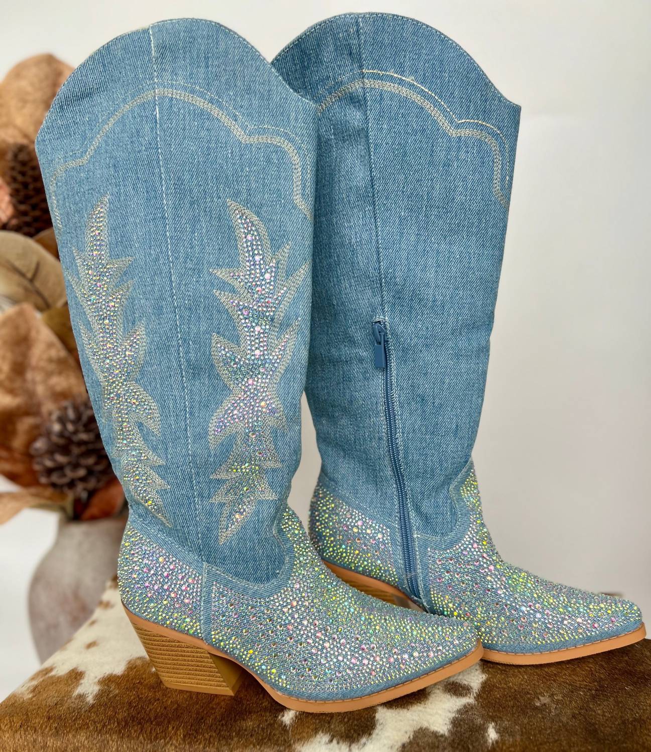 Forever Women's Denim Dreams Cowboy Boots in blue - women's shoe - detail view