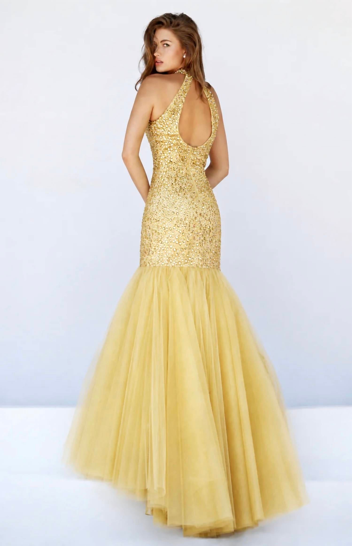 Sherri Hill Beaded Halter Mermaid Gown in gold - women's dress - alternate view