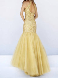 Sherri Hill Beaded Halter Mermaid Gown in gold - women's dress - detail view