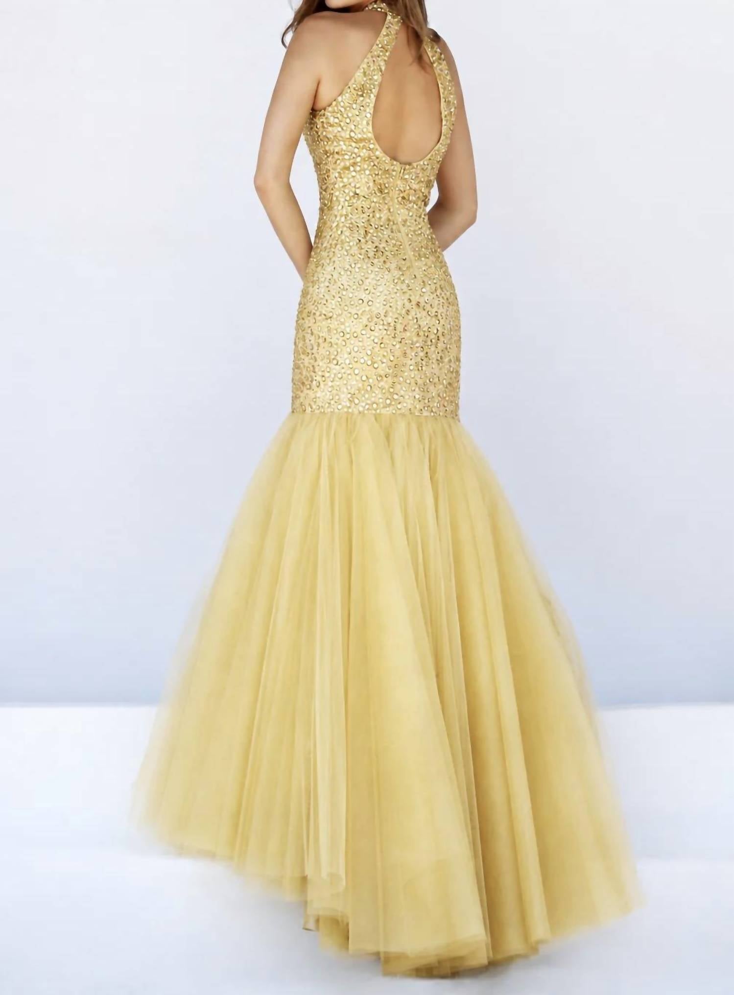 Sherri Hill Beaded Halter Mermaid Gown in gold - women's dress - detail view
