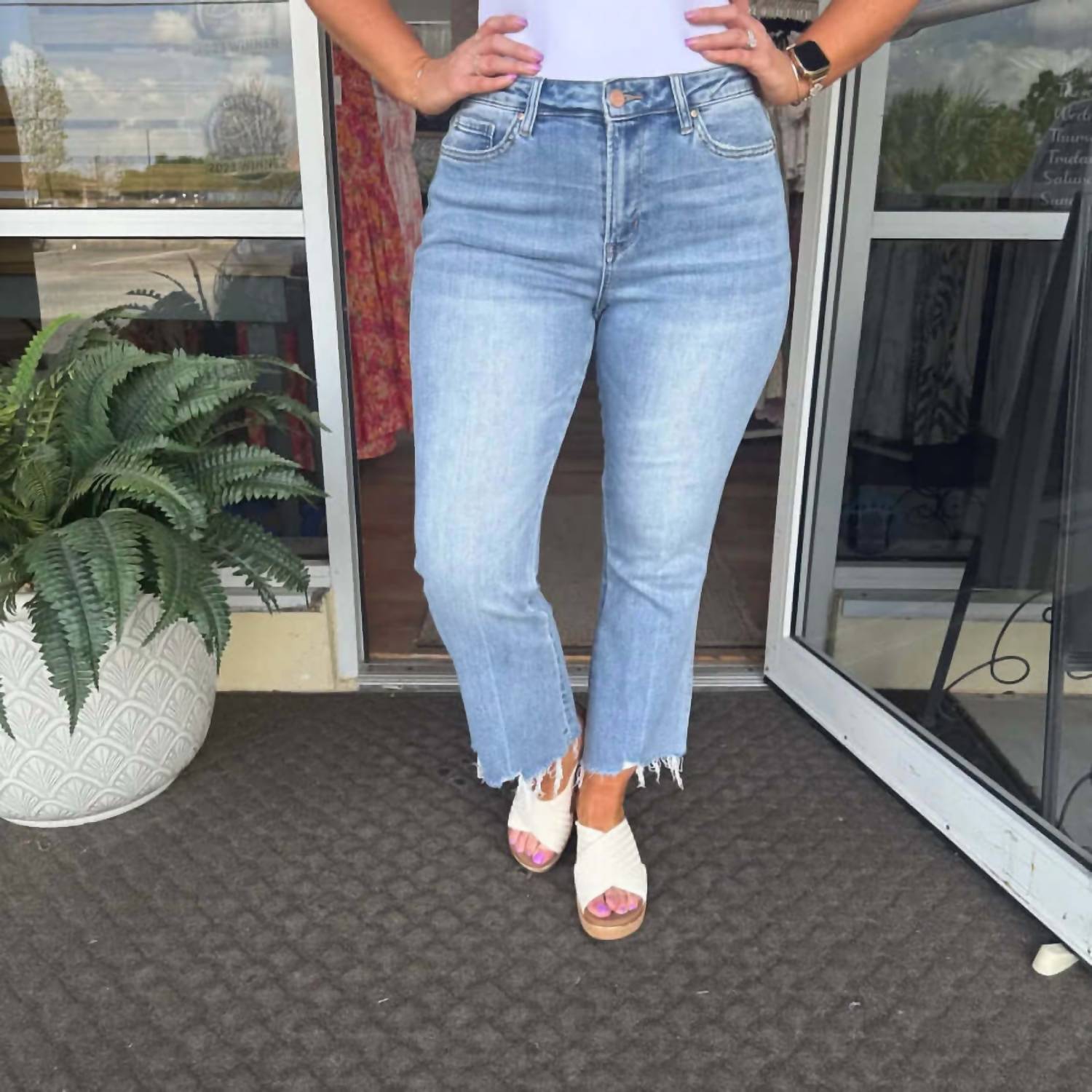 mica denim High Rise Crop Non-distressed Flare Jeans in medium wash - women's jeans - view 6