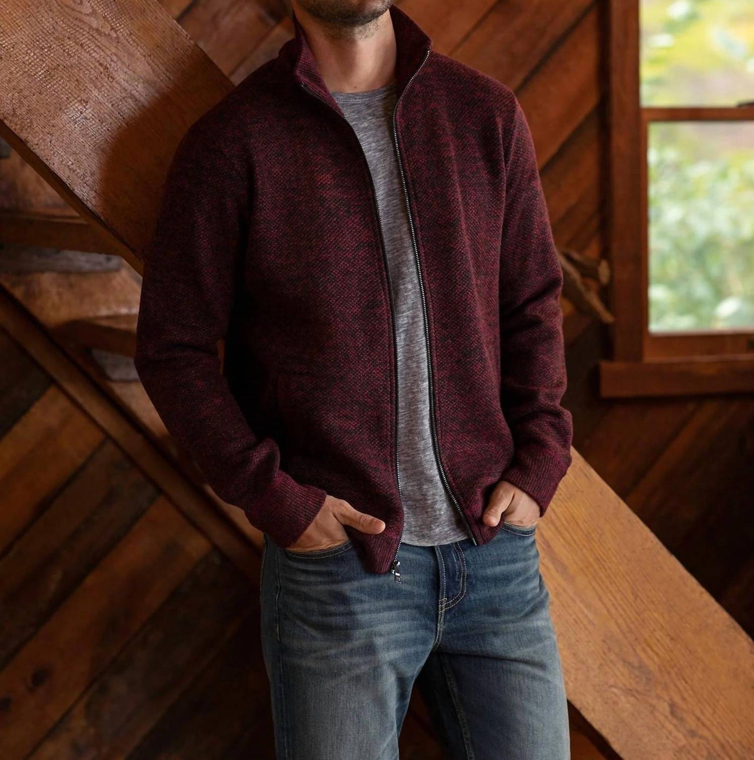 Flags & Anthem Roen Marled Mockneck Sweater in maroon - men's sweater - detail view