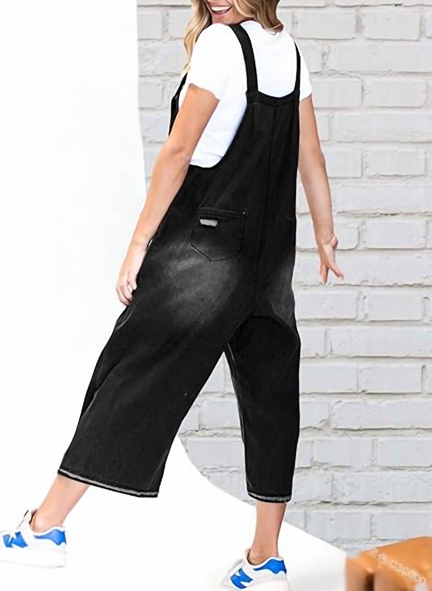 Rosa Clothing Southern Country Distressed Washed Denim Overall in black - women's pants - detail view
