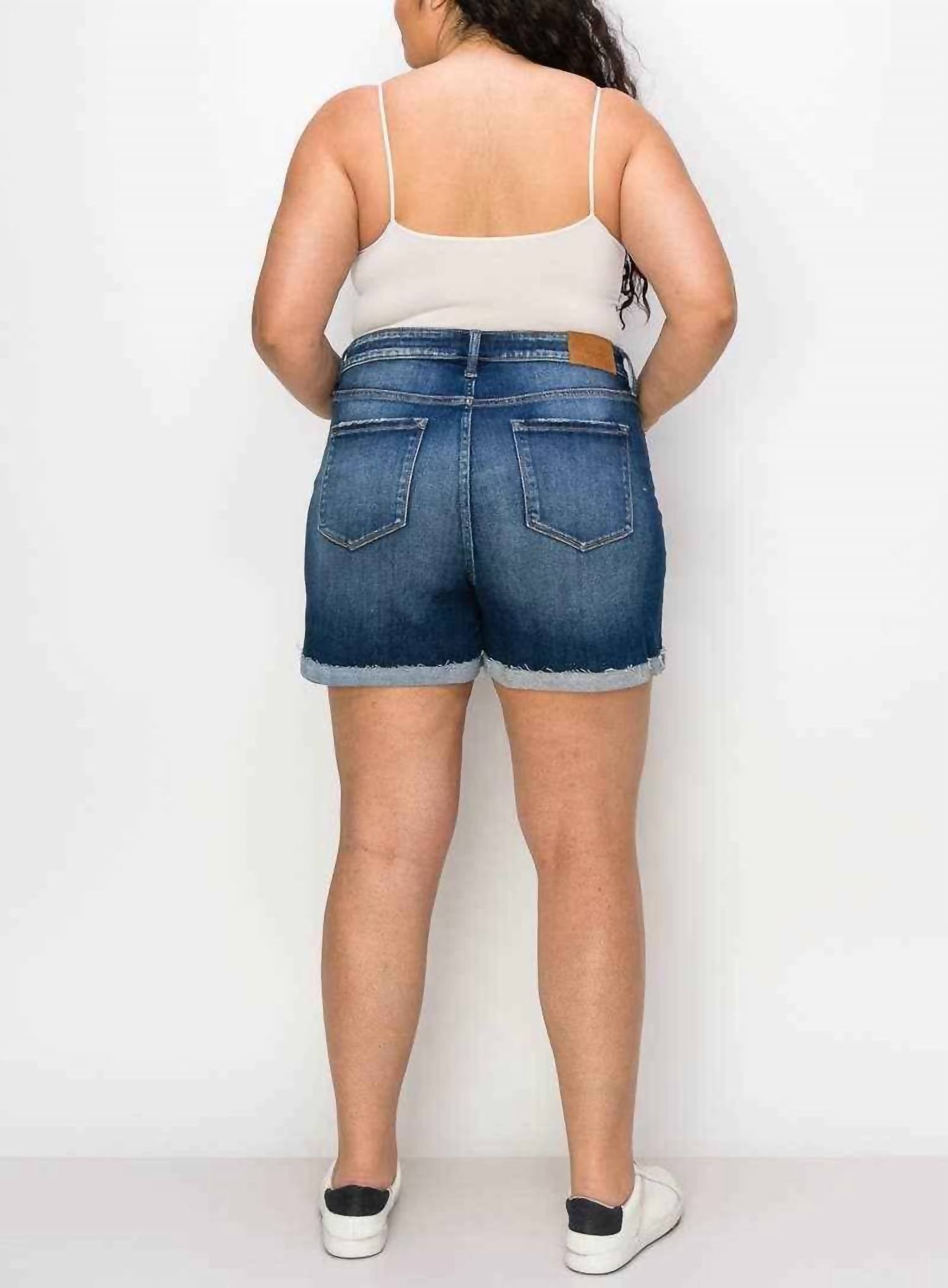 Artemis Vintage High Rise Stretch Midi Cuff Short - Plus in dark blue - women's shorts - detail view