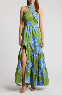hutch Stretch Halter Maxi Dress in green floral - women's dress