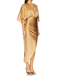 Aiifos Anabelle V Neck Midi Dress in tan - women's dress - alternate view