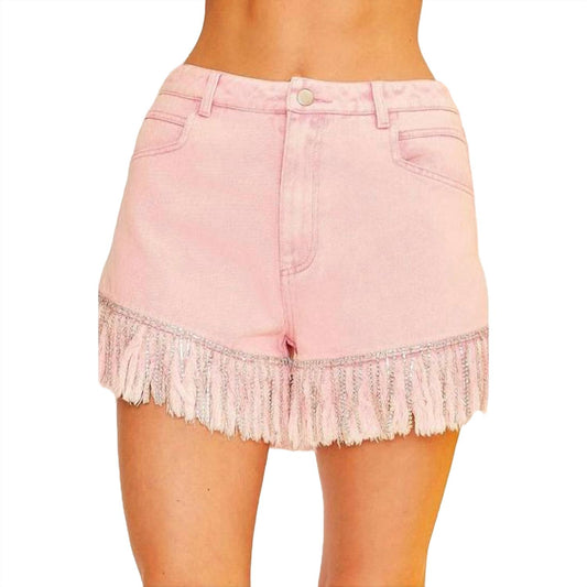 Main Strip - Frayed Rhinestone Denim Shorts