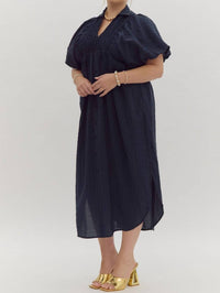 Entro - Textured Puff Sleeve Midi Dress - Plus