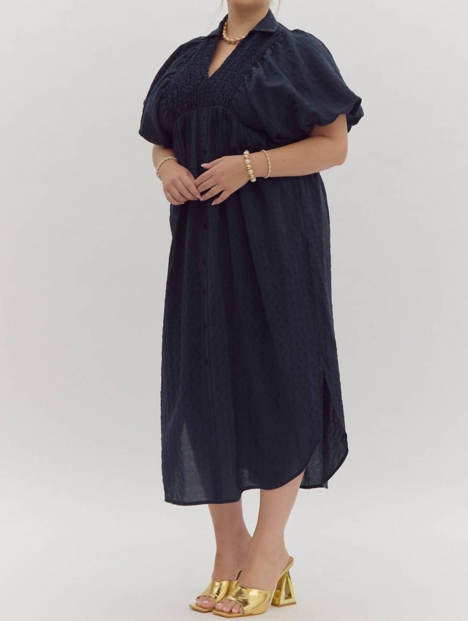 Entro - Textured Puff Sleeve Midi Dress - Plus