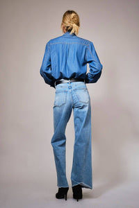 Blue B Tie Neck Hidden Button Chambray Blouse in blue - women's blouse - detail view