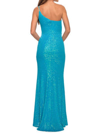 La Femme One Shoulder Bodice Gown With Slit in aqua - women's dress - detail view