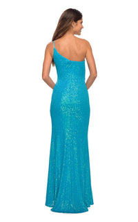 La Femme One Shoulder Bodice Gown With Slit in aqua - women's dress - alternate view