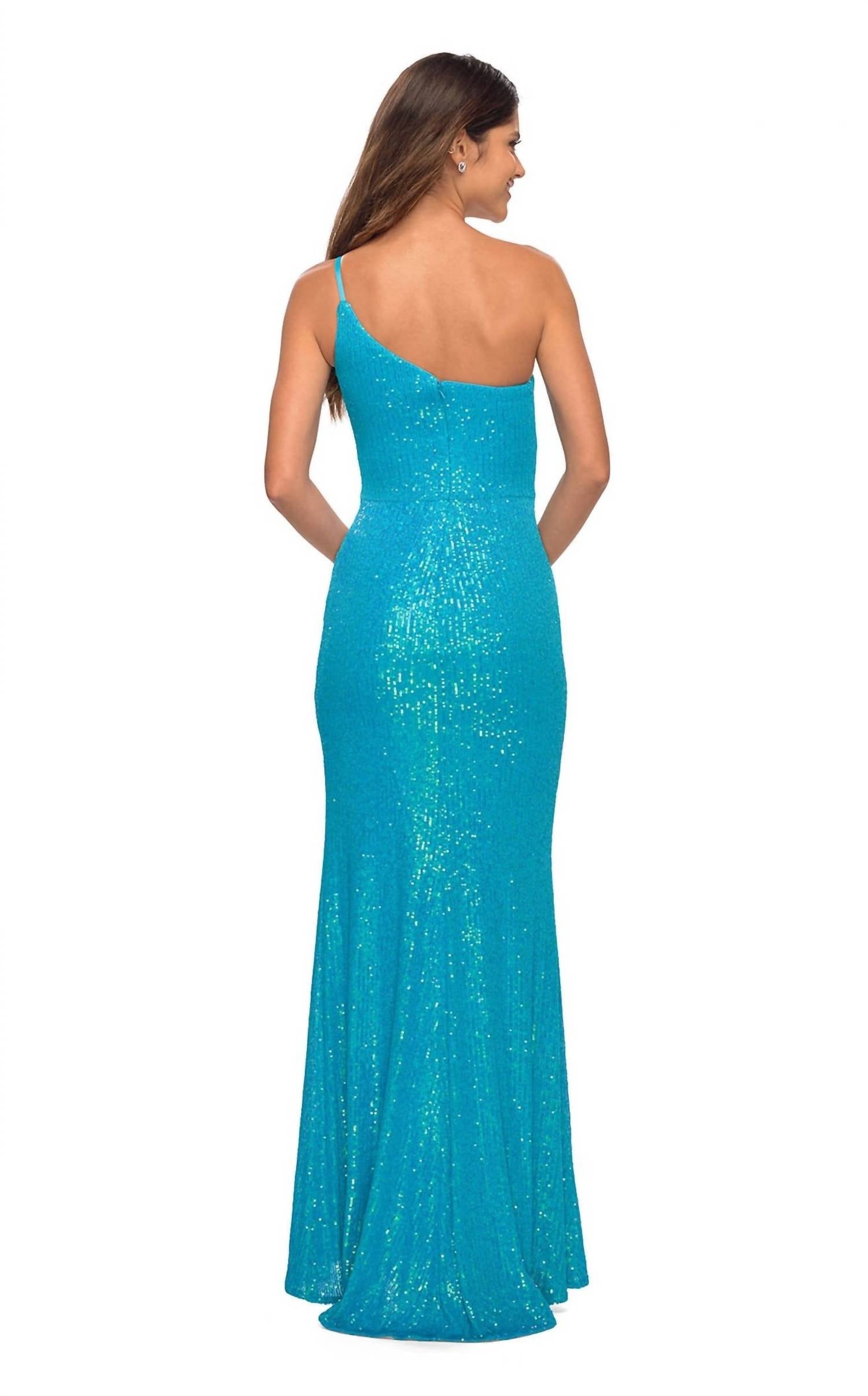 La Femme One Shoulder Bodice Gown With Slit in aqua - women's dress - alternate view