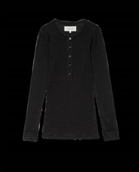 THE GREAT. The Baby Rib Henley Top in black - women's long sleeve top - view 4