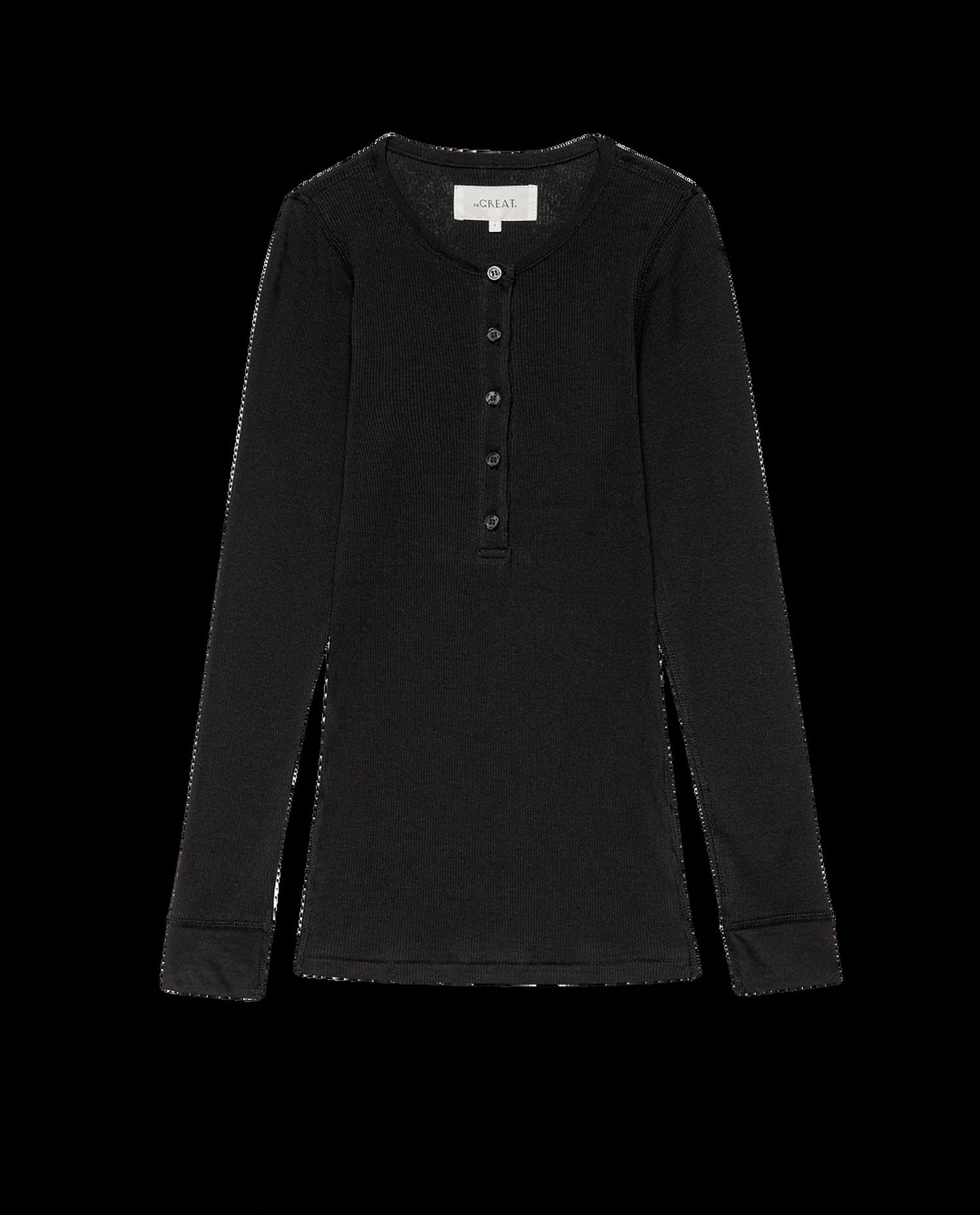 THE GREAT. The Baby Rib Henley Top in black - women's long sleeve top - view 4