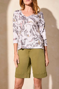 Tribal - Combo Print 3/4 Sleeve V Neck-Crew Neck Top