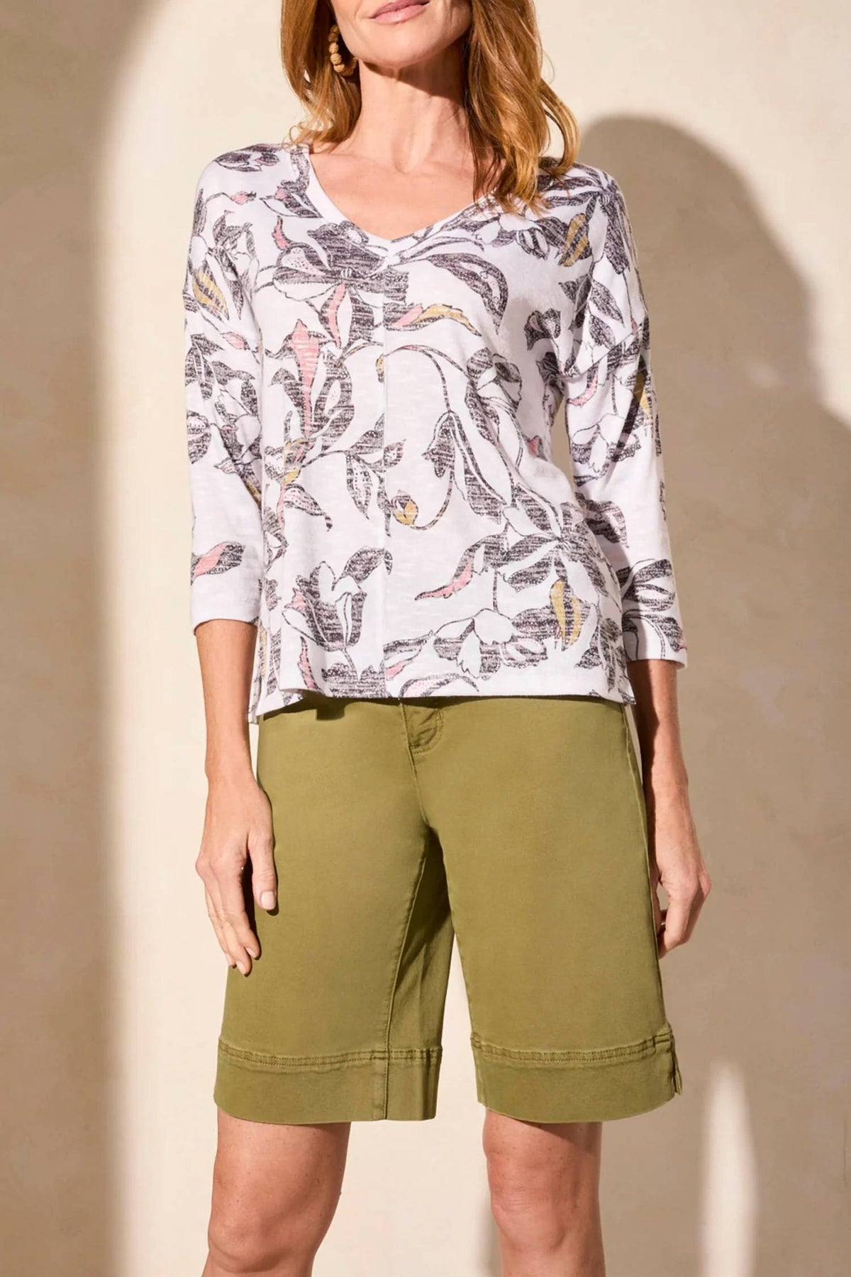 Tribal - Combo Print 3/4 Sleeve V Neck-Crew Neck Top