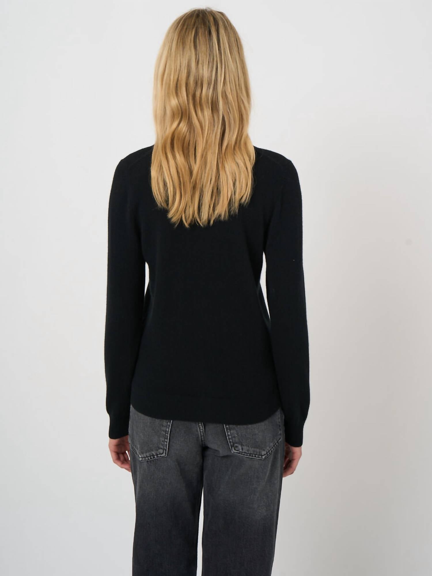 REPEAT cashmere Classic Crew Neck Cashmere Cardigan in black - women's cardigan - alternate view